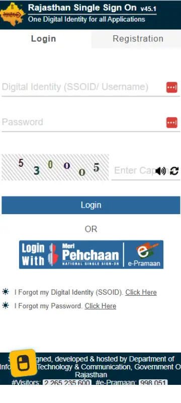 Rajasthan SSO login page with Digital Identity SSOID username and password fields