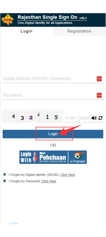 Arrow pointing to the Login button on the Rajasthan SSO portal sign in page