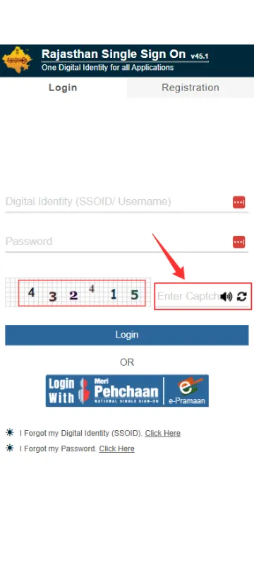 Arrow pointing to the captcha code entry field on the Rajasthan SSO login screen