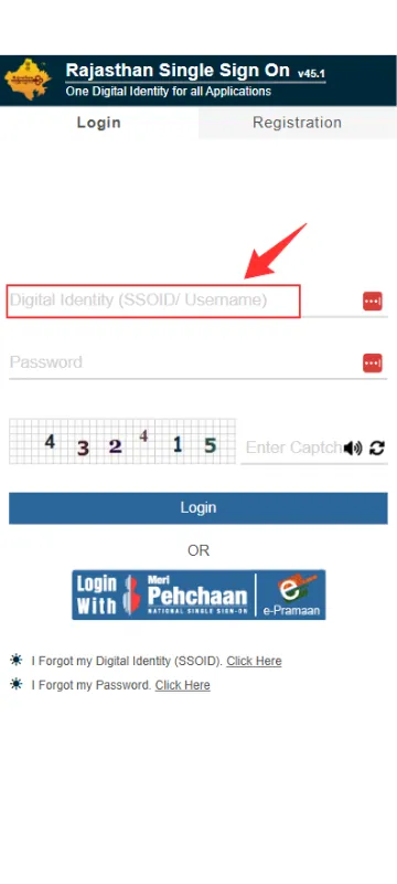 Arrow pointing to the Digital Identity SSOID username field on the Rajasthan SSO login screen