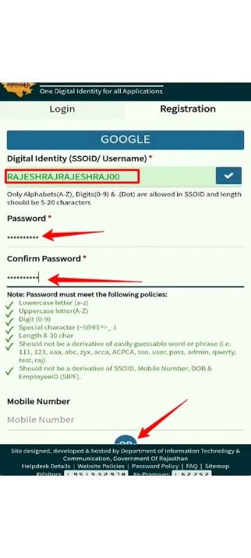 SSOID username and password creation fields with password policy checklist on Rajasthan SSO registration form