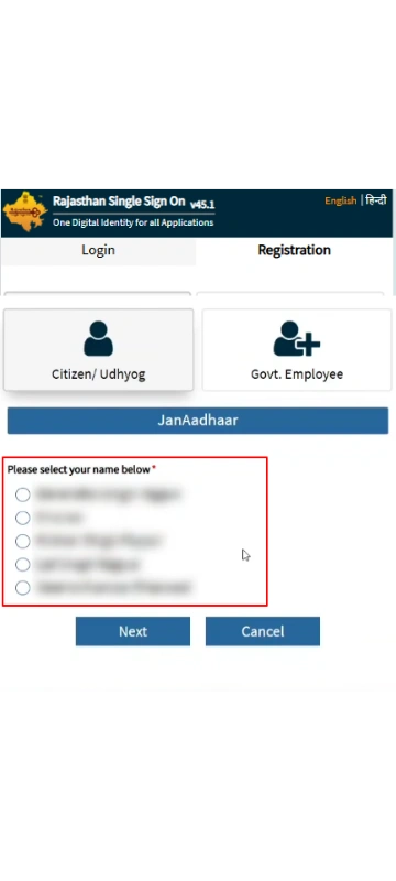 Family member name selection list highlighted during Rajasthan SSO Jan Aadhaar registration