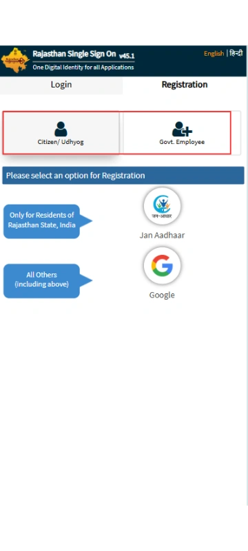 Rajasthan SSO registration screen with Citizen Udyog and Government Employee category options highlighted